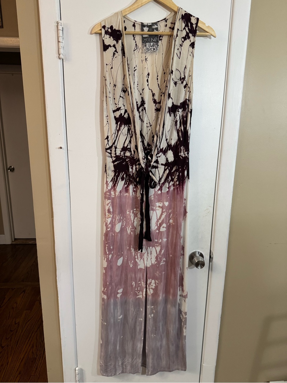 Young Fabulous & Broke Women's Tie-Dye Maxi Jumpsuit in Cream, Burgundy & Mauve